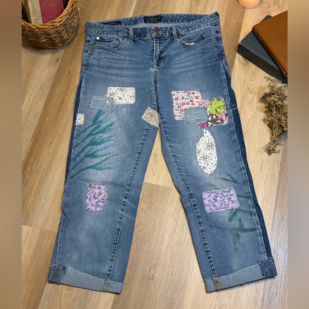 Upcycled Hand-Painted Patchwork Jeans Denim Side … - image 2